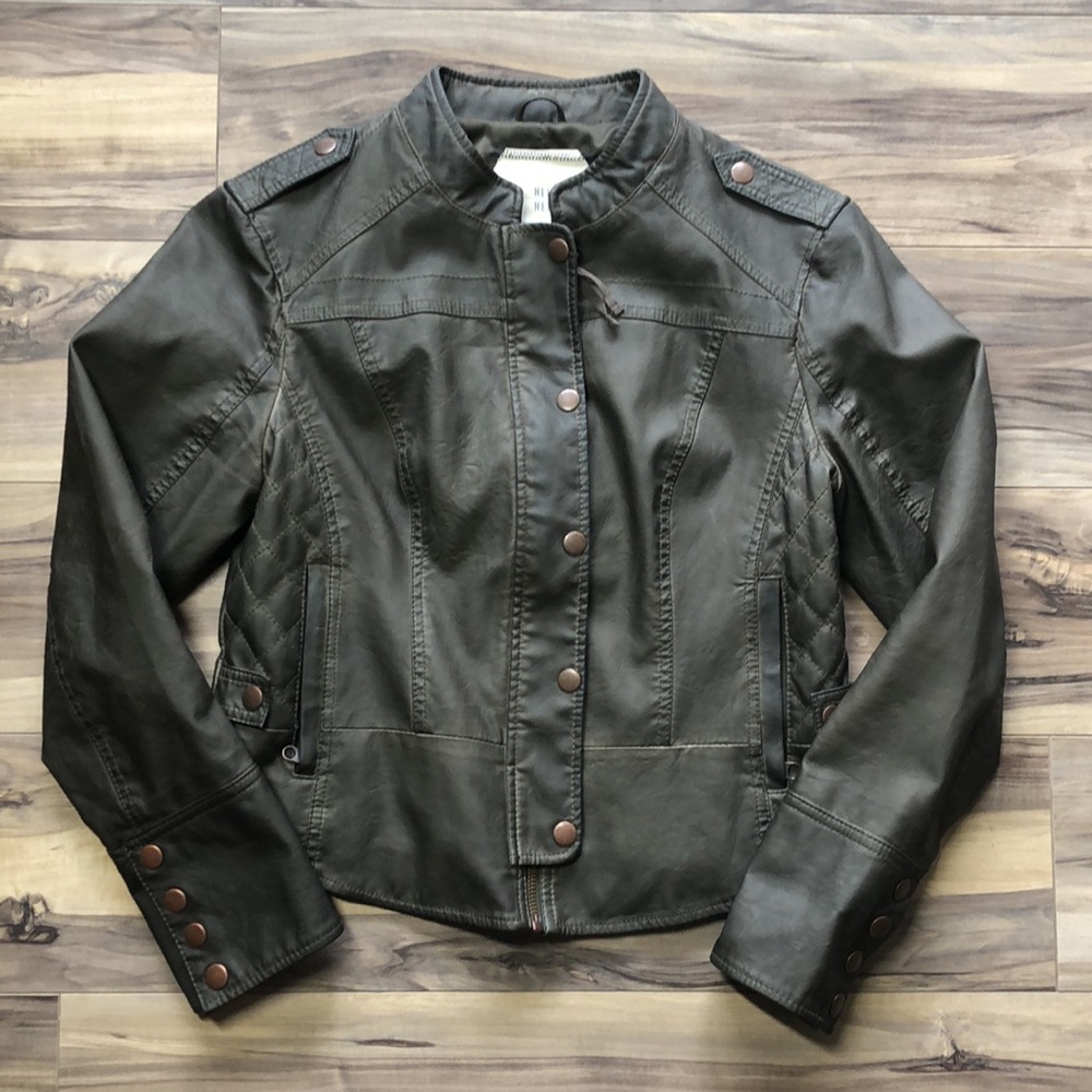 Anthropologie Hei Hei Moss Green Vegan Leather Moto Jacket Quilted Zip – Size S